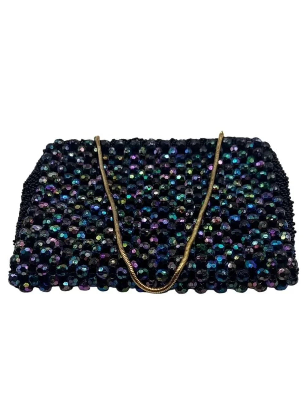 Vintage Black Beaded Evening Clutch Bag Iridescent Beads & Gold Chain Strap